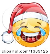Poster, Art Print Of Cartoon Yellow Smiley Face Emoticon Emoji Wearing A Santa And Laughing With Tears Of Joy