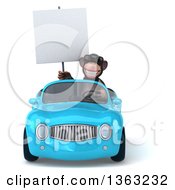 Clipart Of A 3d Chimpanzee Monkey Wearing Sunglasses Holding A Blank Sign And Driving A Blue Convertible Car On A White Background Royalty Free Illustration