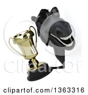 Clipart Of A 3d Black Horse Wearing Sunglasses And Holding A Championship Trophy Around A Sign On A White Background Royalty Free Illustration