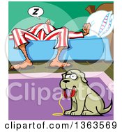 Clipart Of A Cartoon Sad Dog Holding A Leash In His Mouth Wanting To Be Walked While His Master Sleeps Royalty Free Vector Illustration