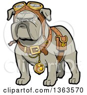 Poster, Art Print Of Cartoon Steampunk Bulldog Explorer Wearing A Pouch Pocket Watch And Goggles