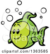 Clipart Of A Cartoon Happy Green Fish With Bubbles Royalty Free Vector Illustration