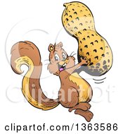Cartoon Happy Squirrel Jumping With A Giant Peanut