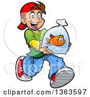 Cartoon Happy Brunette Caucasian Boy Running With A Pet Goldfish In A Bag