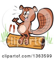 Cartoon Happy Beaver Giving A Thumb Up And Standing On A Log