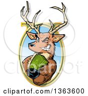 Clipart Of A Cartoon Male Stag Deer Holding Out Big Bucks And Emerging From An Oval Frame Royalty Free Vector Illustration by Clip Art Mascots #COLLC1363600-0189