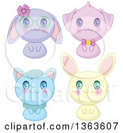 Poster, Art Print Of Cute Manga Anime Bunny Rabbits A Cat And Dog