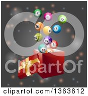 Clipart Of A 3d Open Gift Box With Colorful Bingo Balls Floating Out Over Flares On Gray Royalty Free Vector Illustration