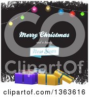 Poster, Art Print Of Merry Christmas And A Happy New Year Greeting With Suspended Baubles 3d Gifts And Grunge Snow On Black
