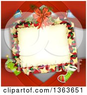 Poster, Art Print Of Christmas Frame With Branches Ribbons And Gifts And Other Items Over Red