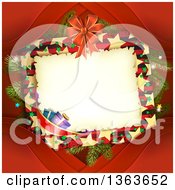 Poster, Art Print Of Christmas Frame With Branches Ribbons And Gifts Over Red