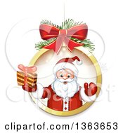 Poster, Art Print Of Santa Claus Holding A Christmas Gift And Emerging Fom A Suspended Bauble Frame