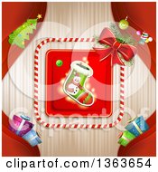 Poster, Art Print Of Snowman Christmas Stocking In A Frame Over Stripes With Red Branches And Gifts
