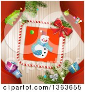 Clipart Of A Snowman In A Frame Over Stripes With Red Branches And Christmas Gifts Royalty Free Vector Illustration by merlinul