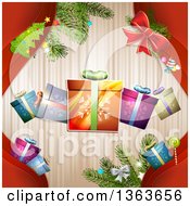 Clipart Of Christmas Gifts Branches And A Tree Over Stripes And Red Royalty Free Vector Illustration