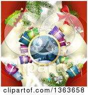 Poster, Art Print Of Santa Sleigh Bauble Suspended Over Lights And Christmas Items With Red
