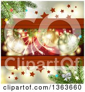 Clipart Of A Christmas Background Of Bauble Ornaments Branches And Stars Royalty Free Vector Illustration