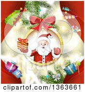 Poster, Art Print Of Santa Claus Holding A Christmas Gift And Emerging Fom A Suspended Bauble Frame Over A Background Of Red Waves