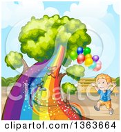 Poster, Art Print Of Happy White Boy Running By A Tree With A Rainbow Trunk Butterflies And Balloons In A Park