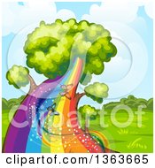 Clipart Of A Tree With A Rainbow Trunk And Magical Butterflies Royalty Free Vector Illustration
