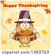 Poster, Art Print Of Cartoon Cute Thanksgiving Turkey Bird Wearing A Pilgrim Hat And Waving Under Happy Thanksgiving Text