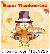 Poster, Art Print Of Cartoon Cute Turkey Bird Wearing A Pilgrim Hat And Holding A Pie Under Happy Thanksgiving Text