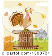 Poster, Art Print Of Cartoon Turkey Bird On A Giant Wooden Spool In The Fall