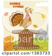 Poster, Art Print Of Cartoon Thanksgiving Turkey Bird On A Giant Wooden Spool Under Gobble Gobble Text