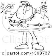 Clipart Of A Black And White Santa Claus Wearing His Christmas Suit Holding A Joint And Gesturing Peace Royalty Free Vector Illustration by djart