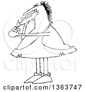 Clipart Of A Cartoon Black And White Chubby Caveman Smoking A Joint Royalty Free Vector Illustration