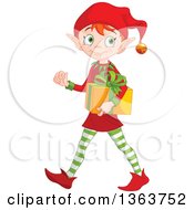 Poster, Art Print Of Happy Male Red Haired Christmas Elf Walking And Carrying A Gift