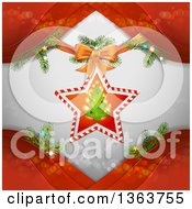Poster, Art Print Of Christmas Star And Tree Ornament Over Gray With Branches And Red Waves