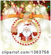 Poster, Art Print Of Suspended Christmas Ornament With Santa Holding A Gift Over Gold Sparkles With Ornaments And Branches