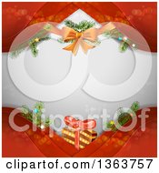 Poster, Art Print Of Christmas Background With A Bow Branches And Gift Over Gray With Red Waves