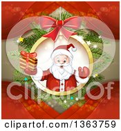 Poster, Art Print Of Suspended Christmas Ornament With Santa Holding A Gift Over Branches And Red Waves