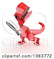 Poster, Art Print Of 3d Red Tyrannosaurus Rex Dinosaur Searching With A Magnifying Glass On A White Background