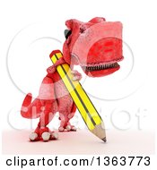 Poster, Art Print Of 3d Red Tyrannosaurus Rex Dinosaur Writing With A Giant Pencil On A White Background