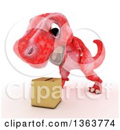 Poster, Art Print Of 3d Red Tyrannosaurus Rex Dinosaur Roaring At A Box On A White Background