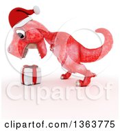 Poster, Art Print Of 3d Red Tyrannosaurus Rex Dinosaur Roaring At A Gift On A White Background