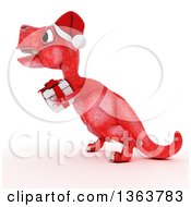 Poster, Art Print Of 3d Red Tyrannosaurus Rex Dinosaur Carrying A Gift On A White Background