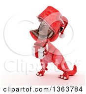 Poster, Art Print Of 3d Red Tyrannosaurus Rex Dinosaur Roaring And Holding A Gift On A White Background