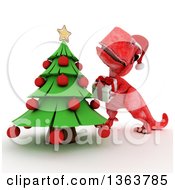 Poster, Art Print Of 3d Red Tyrannosaurus Rex Dinosaur Putting A Gift Under A Christmas Tree On A White Background
