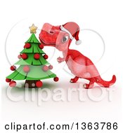 Poster, Art Print Of 3d Red Tyrannosaurus Rex Dinosaur Trimming A Christmas Tree On A White Background