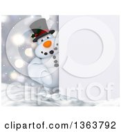 Poster, Art Print Of 3d Snowman Looking Around A Sign In The Snow