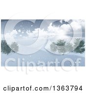 Poster, Art Print Of 3d Winter Landscape Of The Sun Shining Over A Hill With Snow And Trees