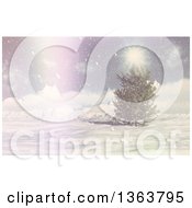 Poster, Art Print Of 3d Winter Landscape Of An Evergreen Tree Snow And Sunshine With A Vintage Flare