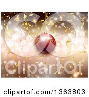 Clipart Of A Christmas Background Of A 3d Suspended Red Bauble Over Gold Confetti Ribbons And Snowflakes Royalty Free Vector Illustration