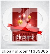 Poster, Art Print Of Merry Christmas Greeting With Suspended Baubles And A Blank Ribbon Banner Over Red And Gray With Snowflakes And Stars