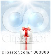 Poster, Art Print Of 3d White And Red Christmas Gifts Over A Blue Snowflake Background With Sunshine