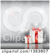 Clipart Of 3d White And Red Christmas Gifts Over A Silver Snowflake Background Royalty Free Vector Illustration